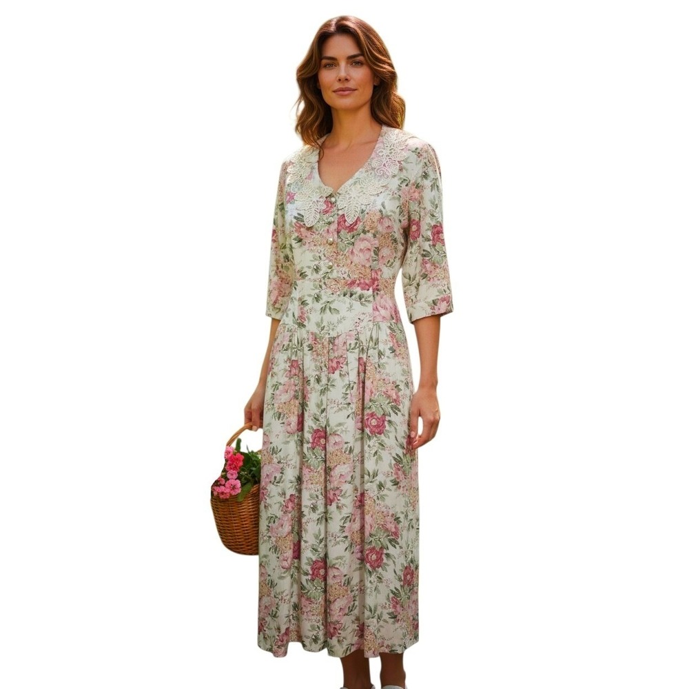 Vintage Nina Piccalino Womens size 16 Floral Lace Cottagecore Romantic Dress USA